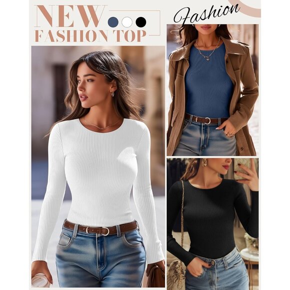 Women's Cotton Long Sleeve Shirts 3 Pack Crew Neck Slim Fit Casual Tops - Picture 2 of 6